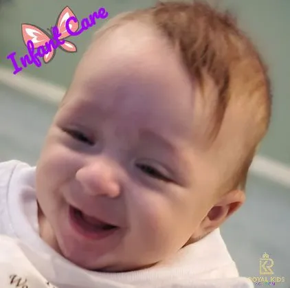 Smiling baby relaxing in a cozy setting during infant care